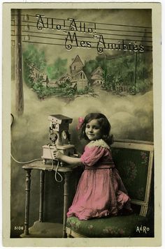 Vintage Postcard little girl on phone en francais