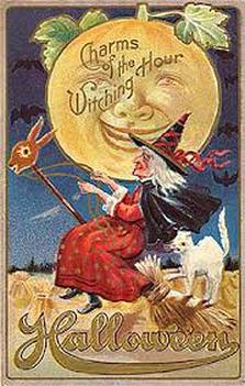 Halloween Postcard Witch Cat